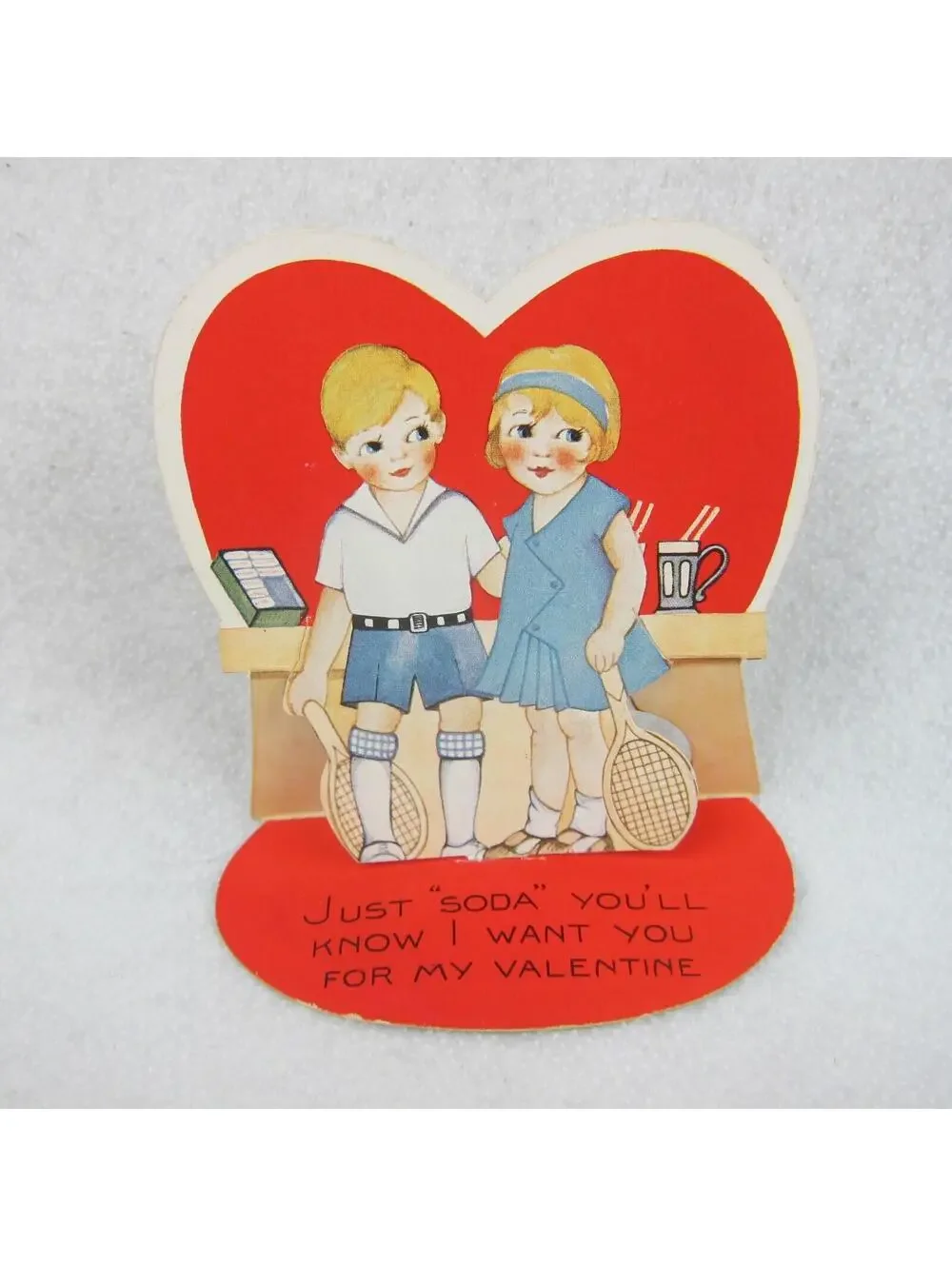 Vintage Valentine Die Cut Blonde Girl Boy Tennis Racket Soda Pop Red Heart Stand